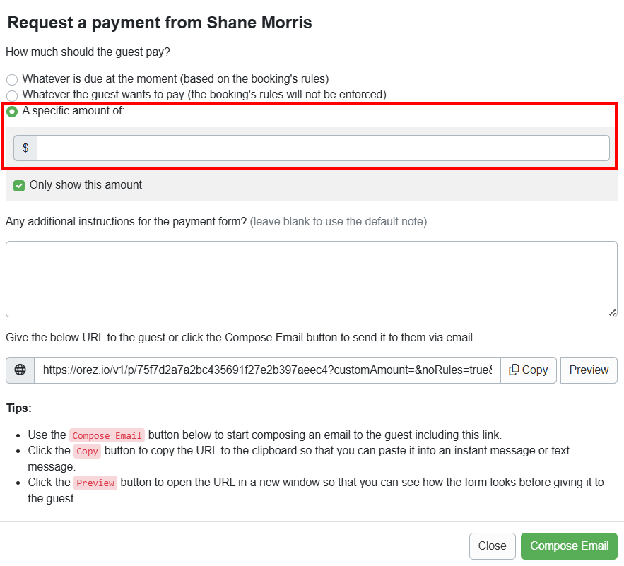 On the Request a payment from... page, select A specific amount of: and click Compose Email.