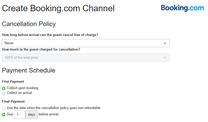 OwnerRez streamlined the Booking.com channel settings page by reorganizing the cancellation policy section and simplifying the payment schedule options.