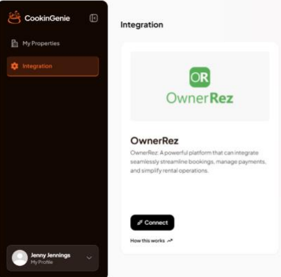 In CookinGenie, navigate to Integrations → OwnerRez and click ‘Connect’ on the OwnerRez tile.