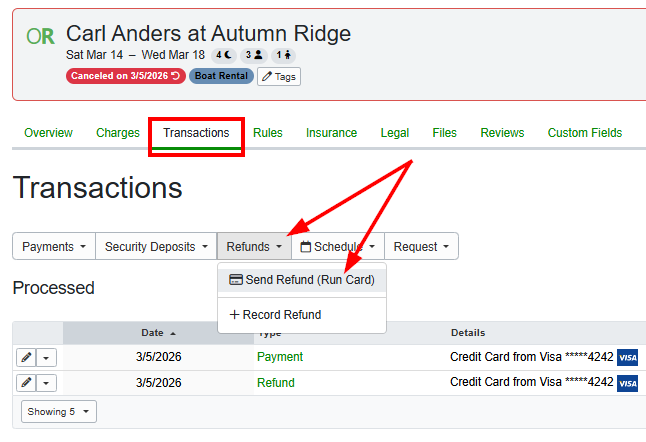If users are unable to process a refund for a canceled booking through the&nbsp;Direct Bookings, Vrbo Channel Integrated&nbsp;cancellation process, they can always process a refund manually by navigating to the specific Booking > Transactions, then, from the Refunds dropdown menu, select Send Refund (Run Card).