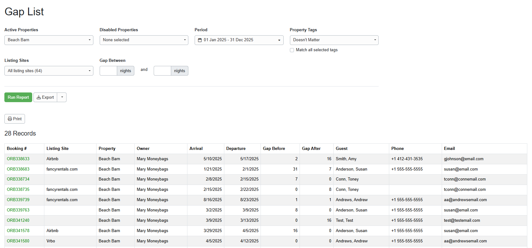 Create your Availability Gaps report by navigating to Reports > Analysis and Statistics > Availability Gaps, selecting the following options, and clicking Run Report.