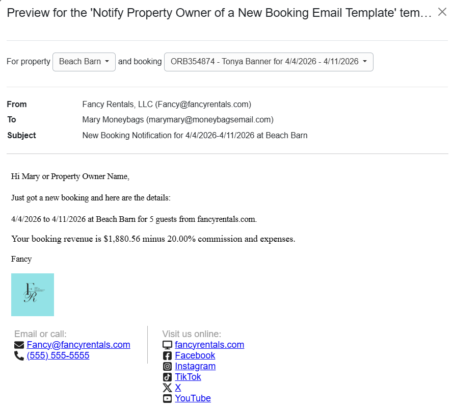 Notify Property Owner of a New Booking Email Template Preview