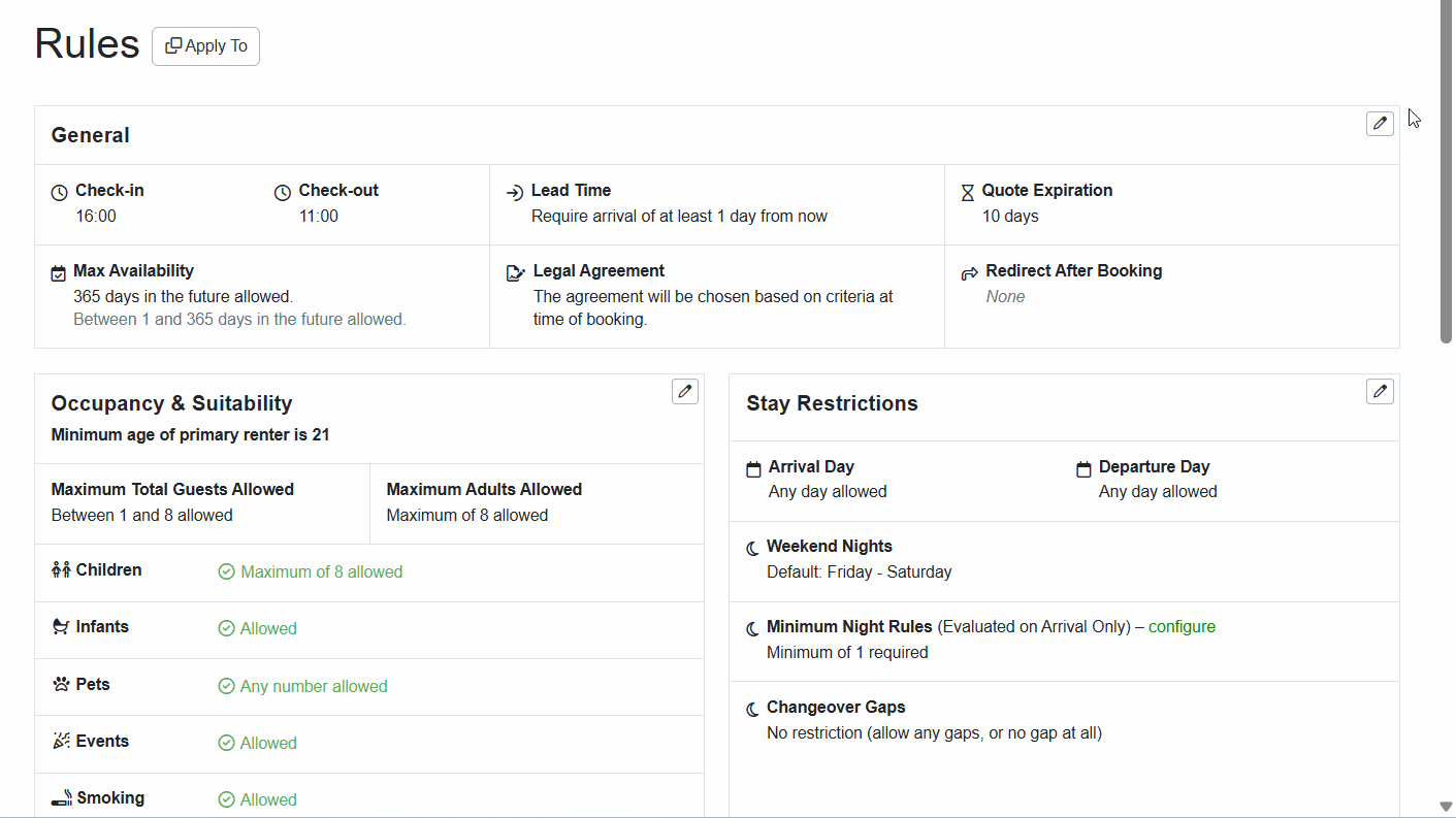 OwnerRez redesigned the property rules page to utilize separate editable sections for general settings, payments, security deposits, occupancy & suitability, stay restrictions, and pending & auto cancellation. Each section now has its own dedicated edit page, featuring improved organization and a more straightforward presentation of options.