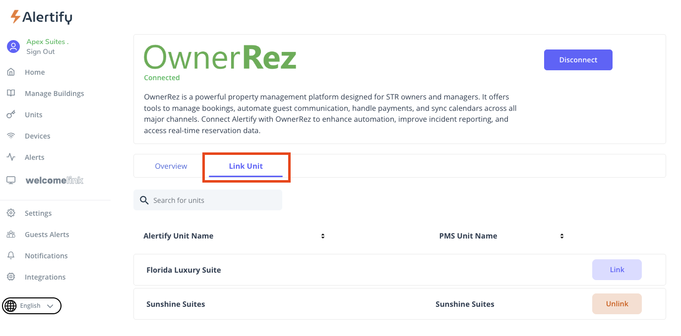 Once connected, your units from OwnerRez will automatically import into Alertify. To confirm or manually link:  In your Alertify dashboard, go to Integrations > OwnerRez > Link Unit.