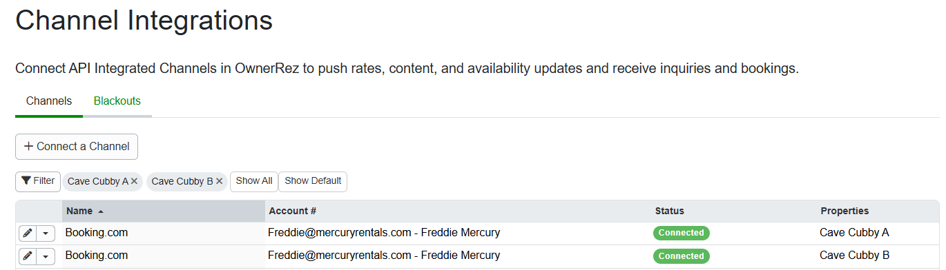 Continue the regular Booking.com channel integration process, and when complete, those connections will be displayed in your Channel Integrations grid.