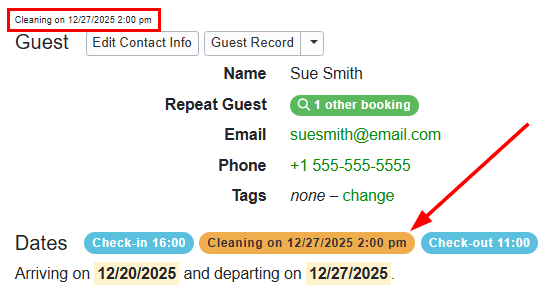 The cleaning time will be displayed in the Booking Overview, Guest, and Dates sections.