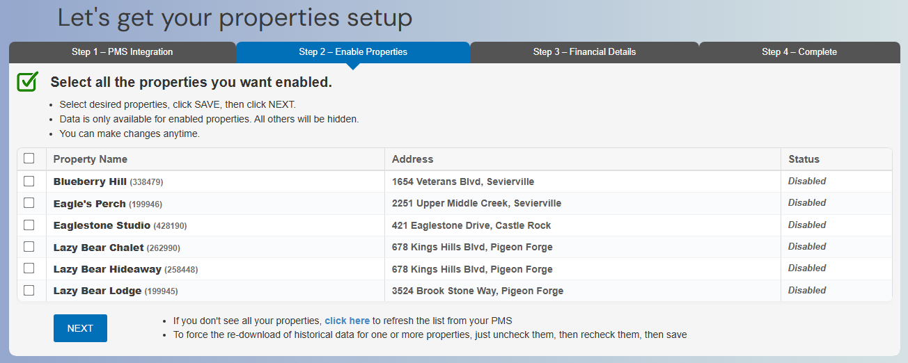 Click the checkbox next to each property you want to track, then click NEXT