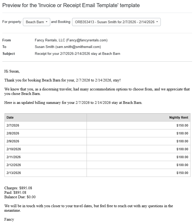 Here's an example using the&nbsp;{BNRENTT} field code, which shows the nightly rent breakdown by date in a table format.