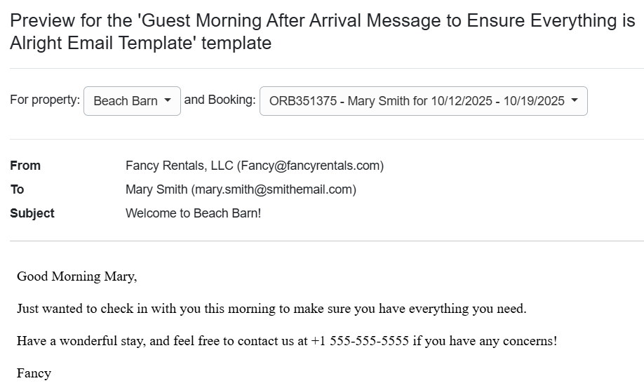 Guest Morning After Arrival Message to Ensure Everything is Alright Email Template Preview