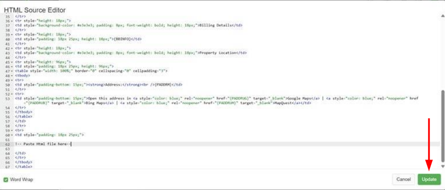 Paste your copied CookinGenie HTML code and click Update.