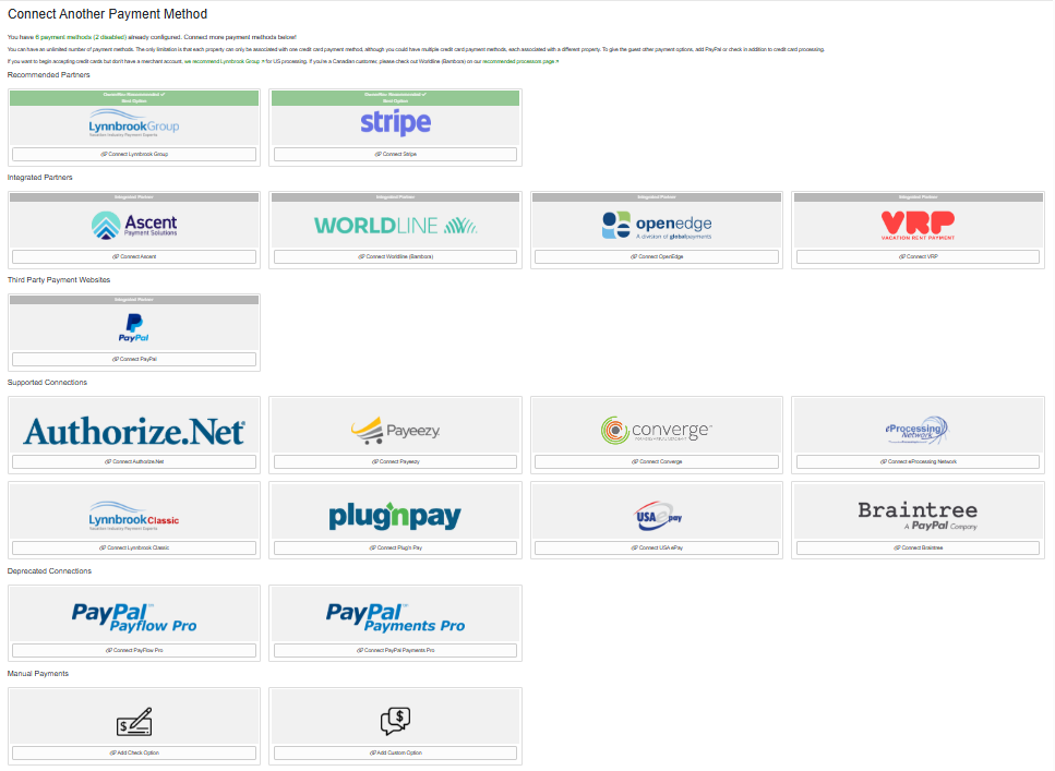 OwnerRez updated the design of the in-app Payment Method section and added sections indicating our Recommended and Integrated Partners, Third Party Payment Websites (PayPal), Supported Connections, and Deprecated Connections.