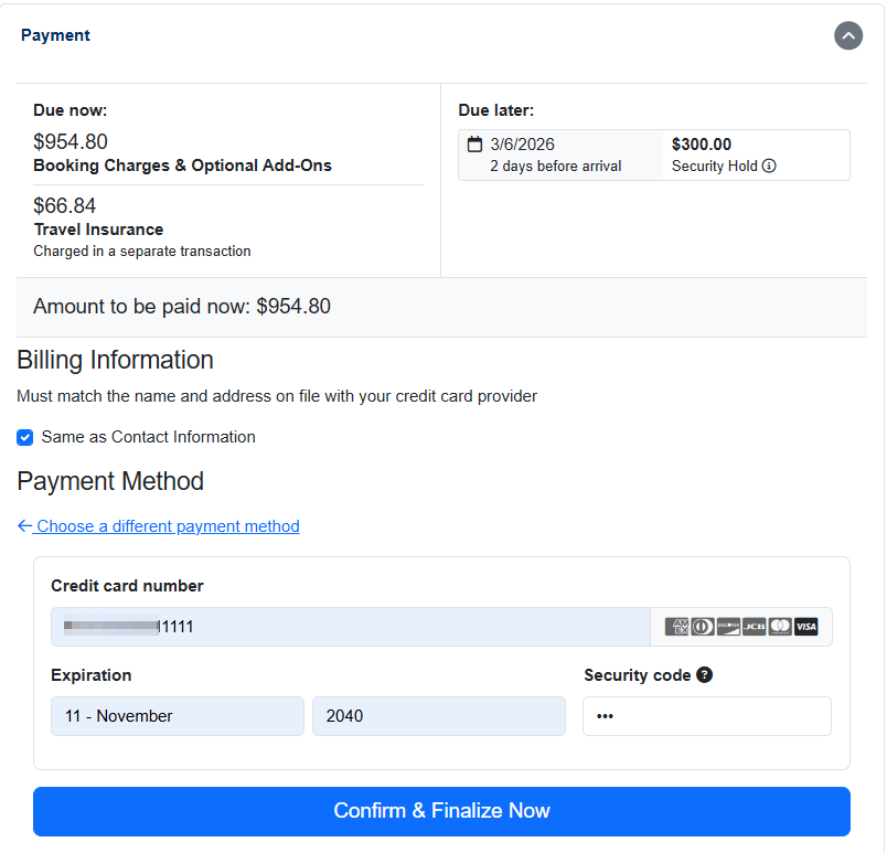 The Payment section lets guests enter their credit card details and click Confirm & Finalize Now.