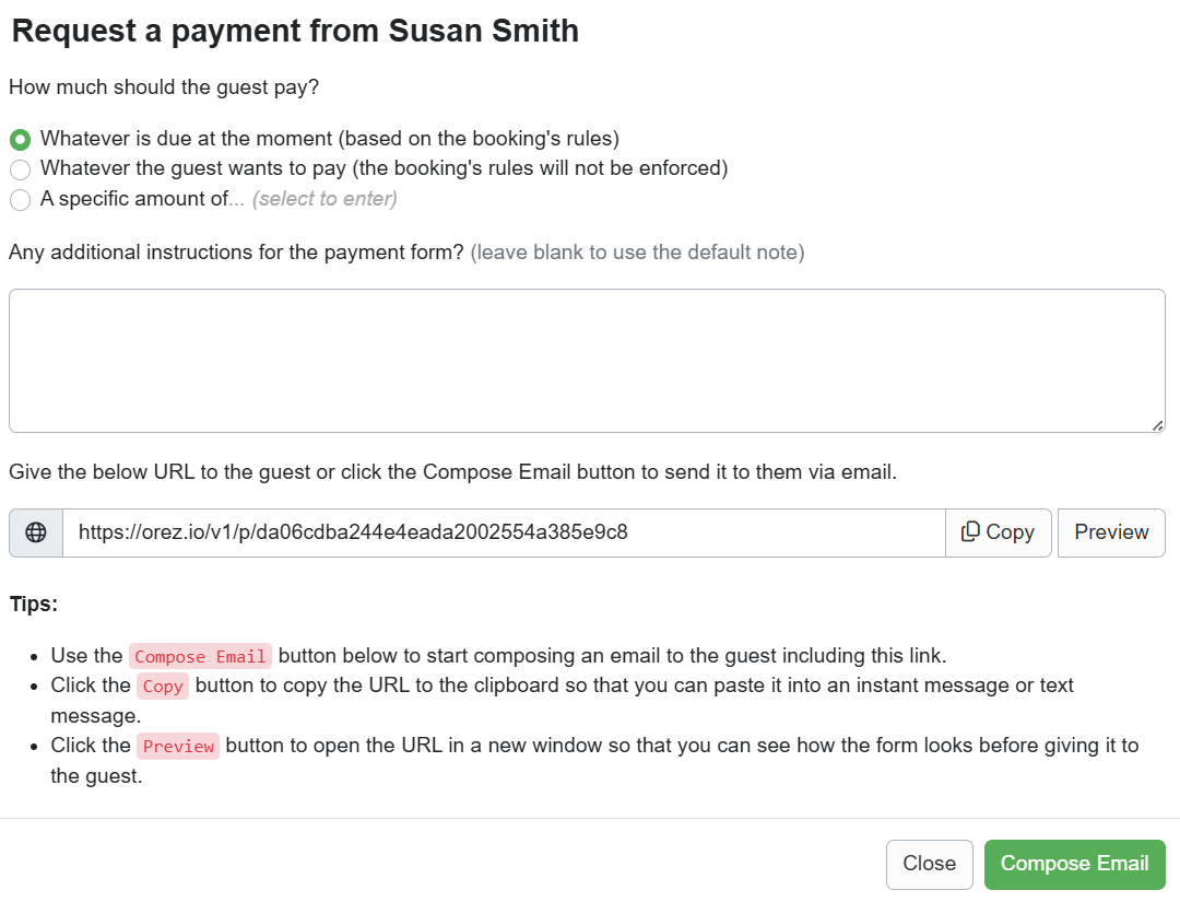 On the Request a payment from guest pop-up, you can include the requested payment amount and any additional instructions or notes for the payment form, or you can leave it blank to use the default note. Click on Compose Email.