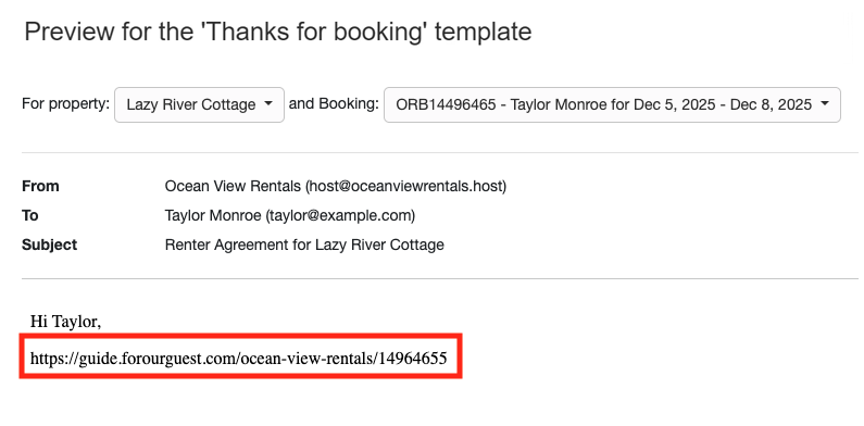 This field code will fill in the URL your guest will need to access their guidebook.