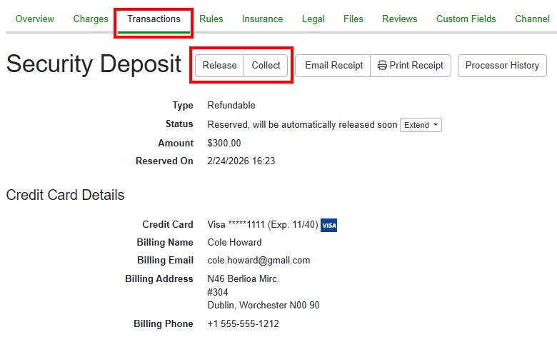In OwnerRez, users can navigate to the individual booking transactions page and select Security Deposit.&nbsp;Users can choose to Release, Collect, or Extend the&nbsp;Refundable Damage Deposit (RDD).&nbsp;