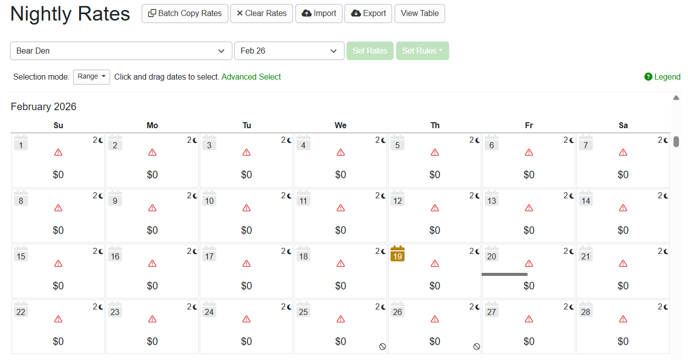 The monthly view of a calendar&nbsp;with no nightly rate set should be very clear to users, with a large, bold&nbsp;0&nbsp;displayed alongside&nbsp;an alert icon&nbsp;on each calendar day.
