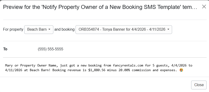 Notify Property Owner of a New Booking SMS Template Preview