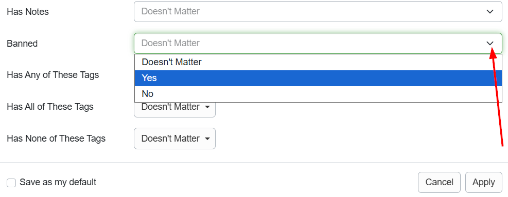 You can also filter for banned guests on the&nbsp;Contacts grid by selecting Yes from the Banned dropdown list.