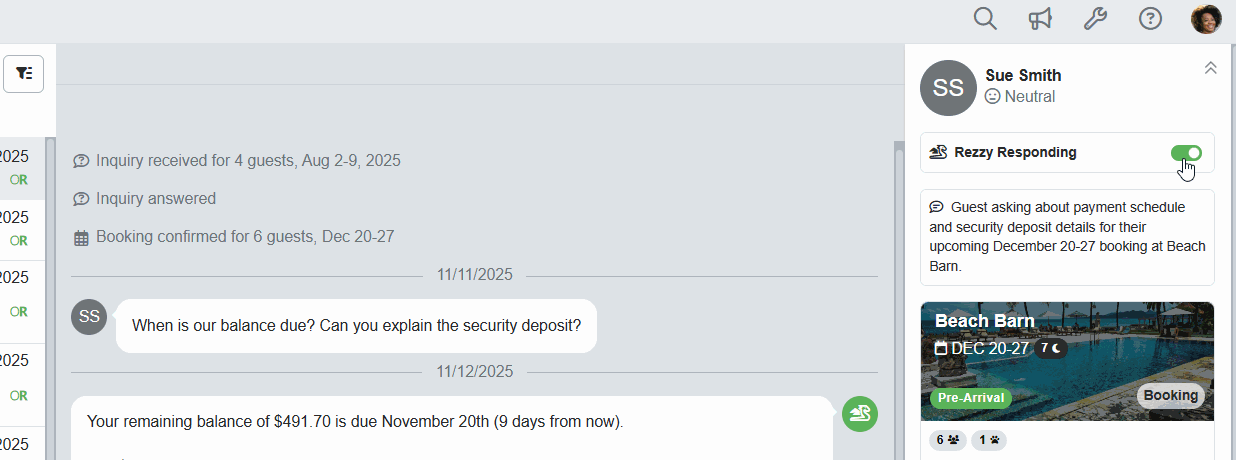 OwnerRez added the ability to pause Rezzy AI's automatic responses on specific conversations for a set time period or indefinitely by toggling the Rezzy Responding button.