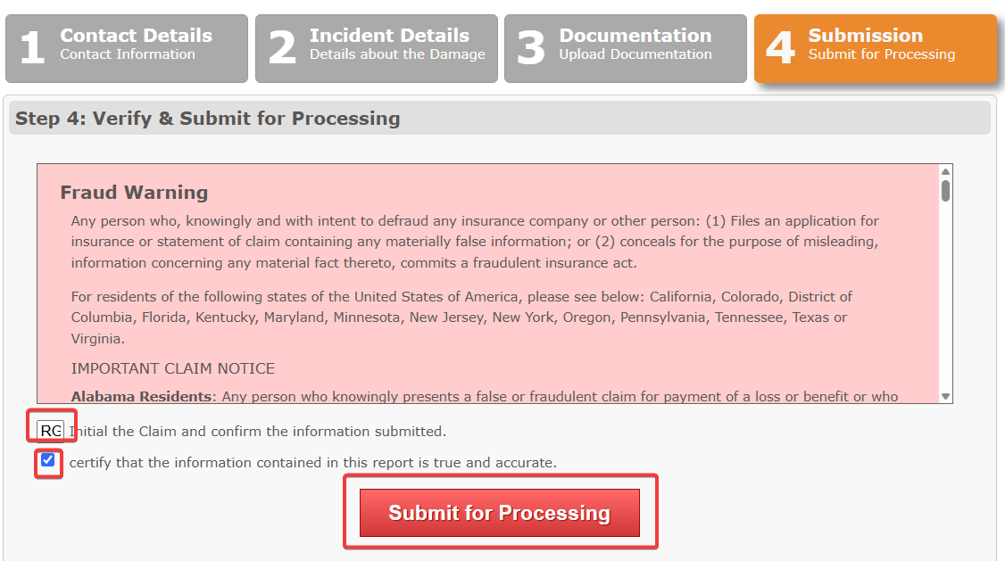 Complete your claim submission by inputting your initials, checking the box, and clicking submit.
