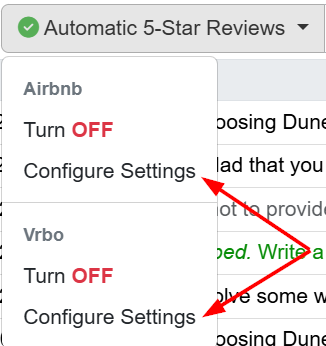 Once turned on, automatic 5-Star Review Configure Settings are slightly different between Airbnb and Vrbo.