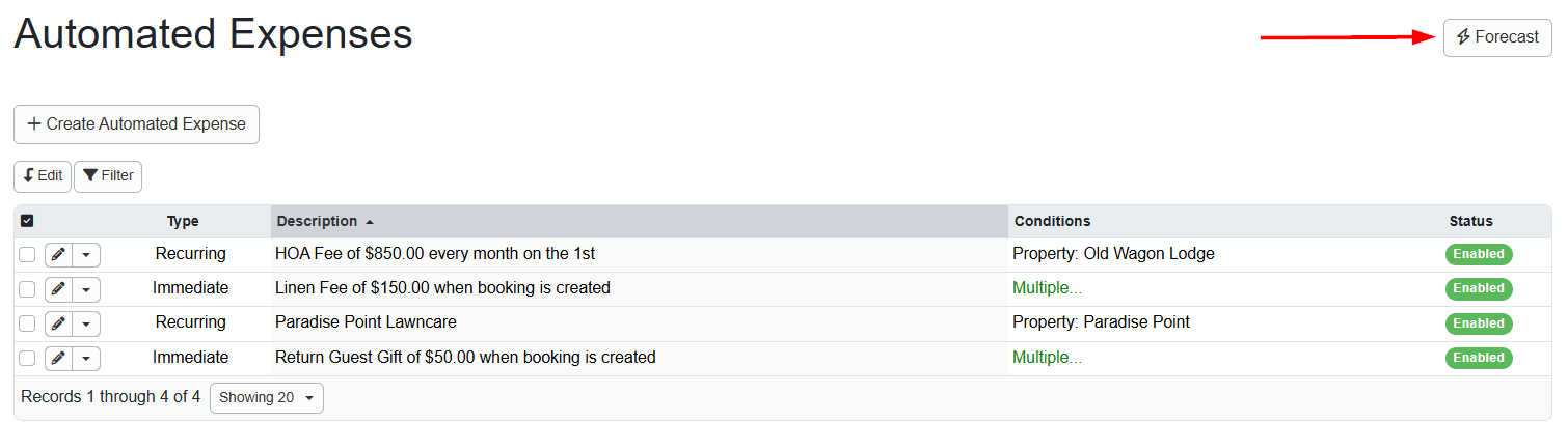 PMs can see when future automated expenses will be created by clicking the Forecast button in the upper-right corner of the Automated Expenses grid.