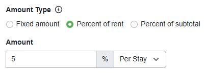 In the Amount Type field, you can select a Fixed amount of discount per stay or night, or a Percentage of rent per stay, or Percent of subtotal per stay.