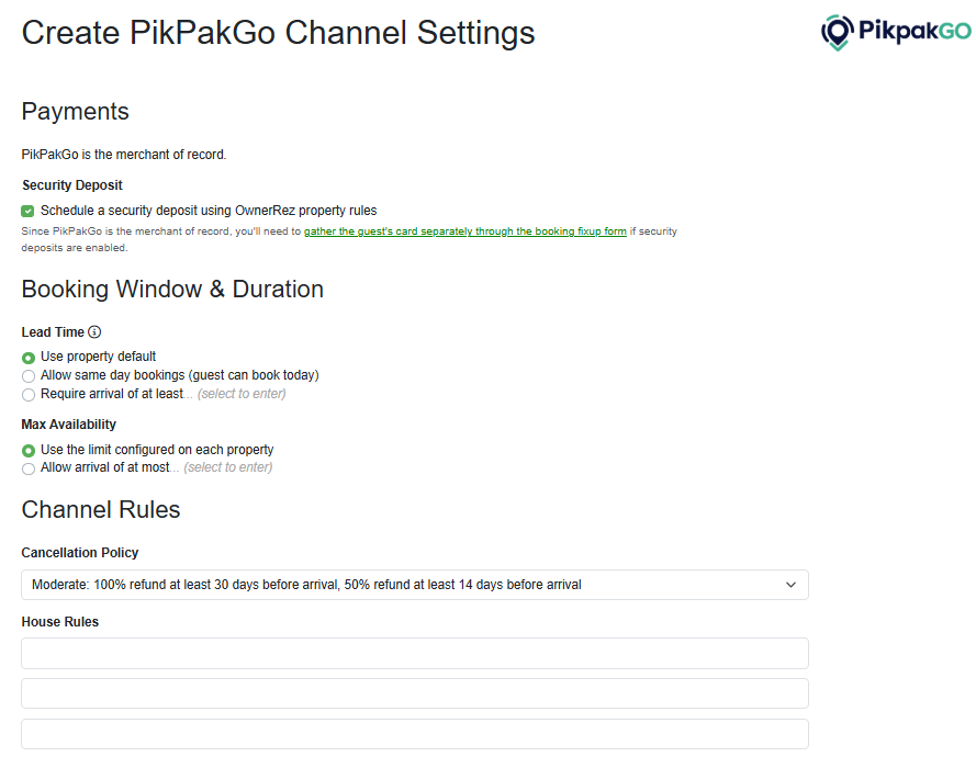 Configure your PikPakGo Payments, Booking Window & Duration, and Channel Rules.
