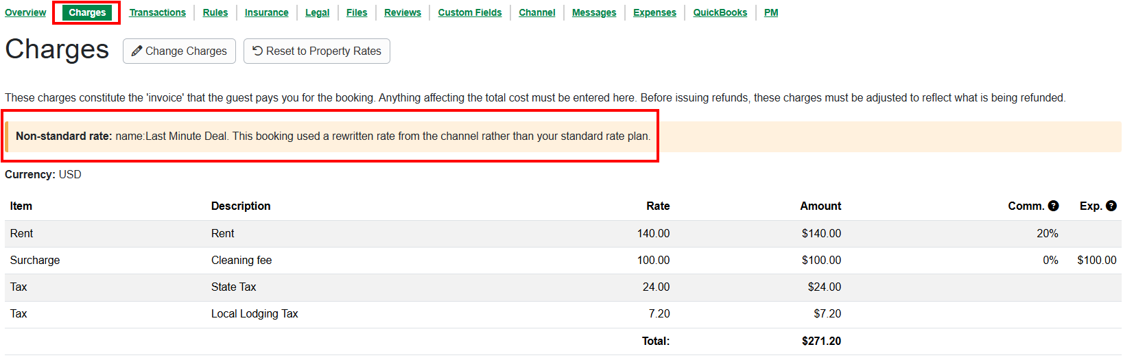 OwnerRez introduced visibility for rewritten channel rates and non-refundable discounts on the specific booking Charges tab by adding a banner that describes the non-standard nightly rate.