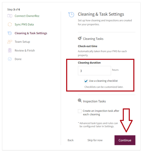 Enter your cleaning and inspection task settings and click Continue.