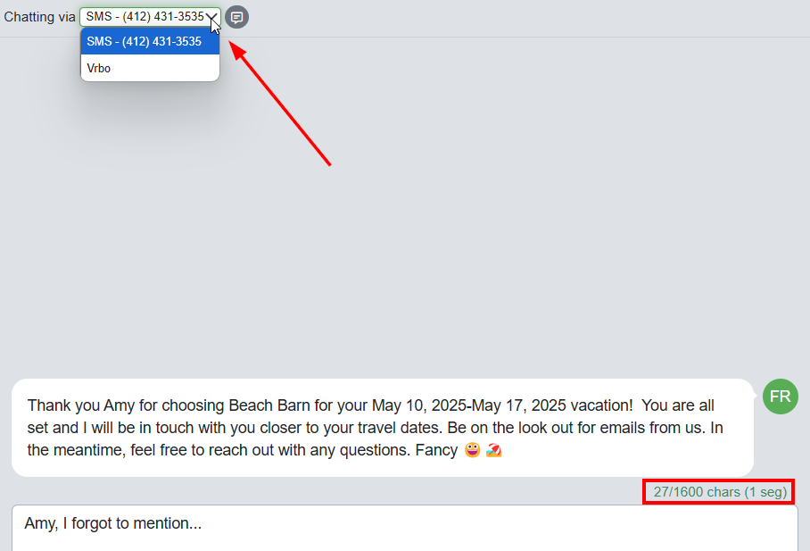 When chatting via SMS, your character limits and segment count are clearly displayed just above your new message field.