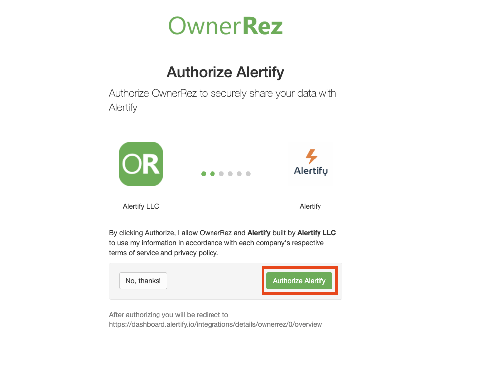 You’ll be redirected to OwnerRez—log in and click Authorize Alertify to grant permissions.