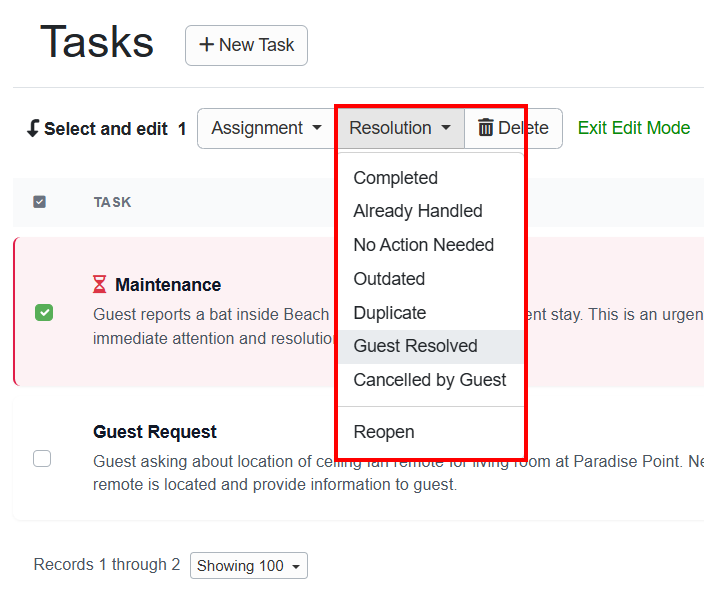 On the Task dashboard, users can resolve tasks by selecting individual tasks and then choosing the appropriate resolution status (e.g., Completed, Already Handled, No Action Needed, Outdated, Duplicate, Guest Resolved, Cancelled by Guest, or Reopen) from the Resolution dropdown list.