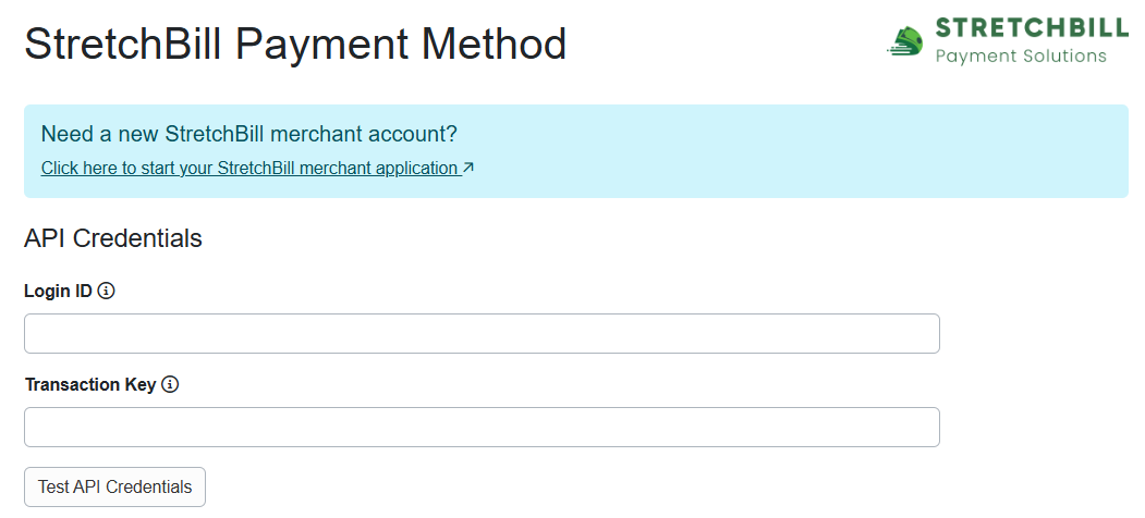 Enter the Login ID and Transaction Key that StretchBill has provided.