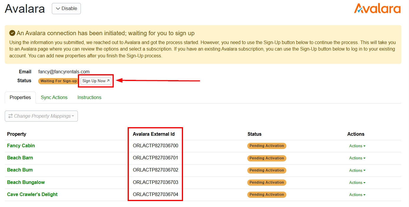 The next screen indicates that your connection has been initiated and displays your Avalara external IDs.