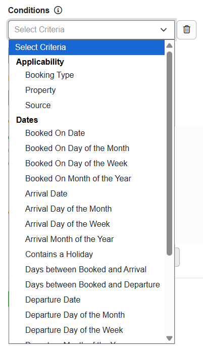 Adding Conditions to your discount provides additional criteria, including Applicability, Dates, and Guest options.