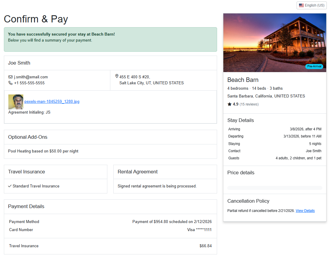 The Confirm & Pay Confirmation page confirms that your guest has successfully booked your property and allows them to print it.