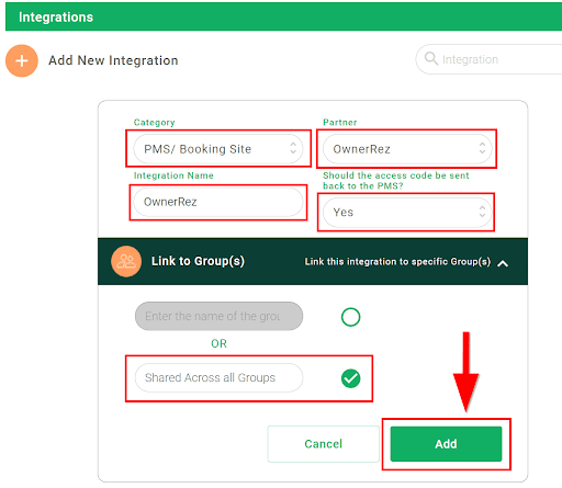 Please complete the new integration form with the information in the screenshot below. Then, select OwnerRez as the Partner and click Add.
