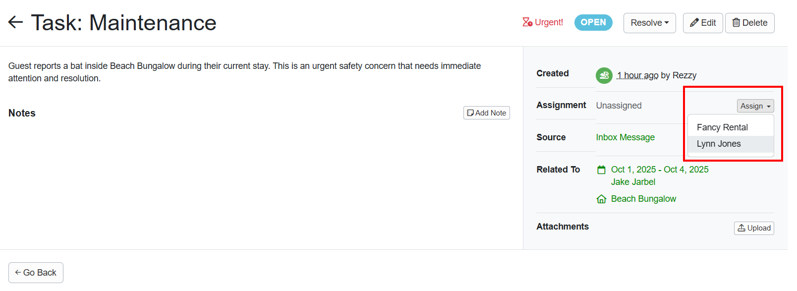 Within the individual task, users can assign tasks to themselves or team members by clicking the Assign dropdown list and choosing who to assign the task to.