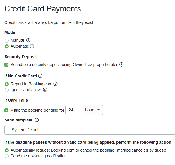 In the Credit Card Payments section, you'll configure your BDC payment mode, Security Deposit, and Credit Card failures.