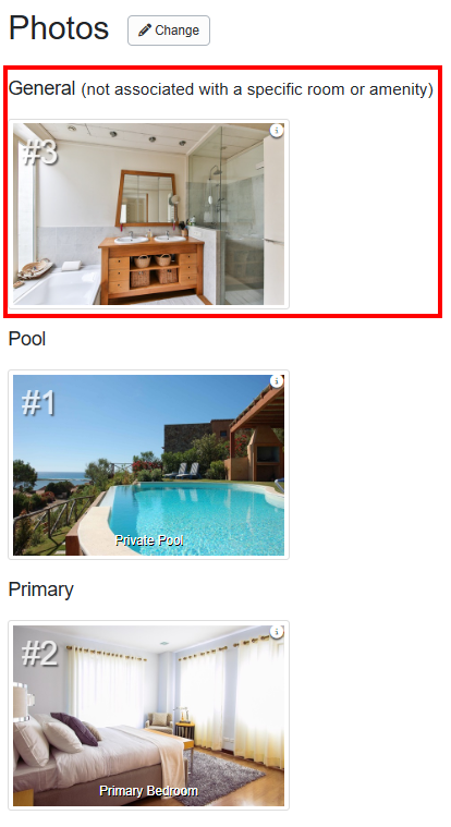 Users can check whether all Photos are connected to a Room or Amenity by clicking on Photos in the left menu navigation. Notice that Photo #3 is listed as General or 