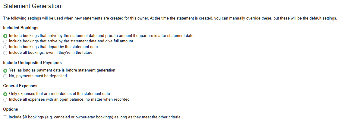 Owner Statement Generation Options
