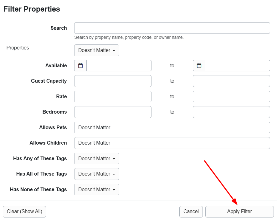When you click the Filter properties icon, users can filter the ribbon by a general search, properties, availability, guest capacity, rates, bedrooms, pets or children allowed, tags, and more. Add in your search and filter terms and select Apply Filter.