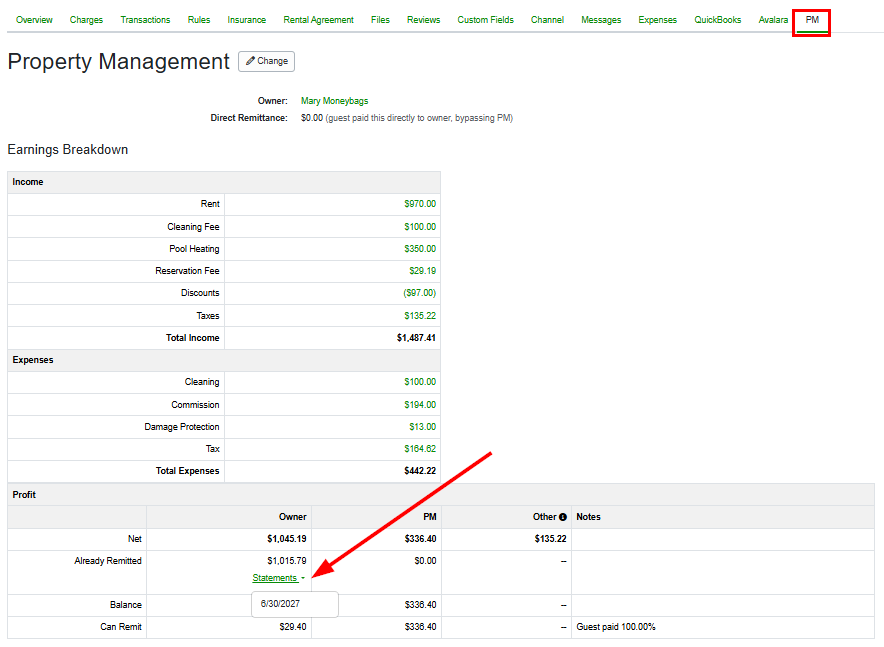 OwnerRez added links to associated Owner Statements in the Booking PM tab in the Profit > Owner column.
