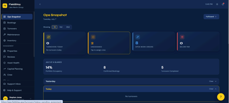 4.&nbsp;Initial Sync.&nbsp;Once authorized, you will be redirected back to FieldStay. An initial sync will begin&nbsp;automatically to import your properties and current bookings. This typically completes&nbsp;within 1&ndash;2 minutes.