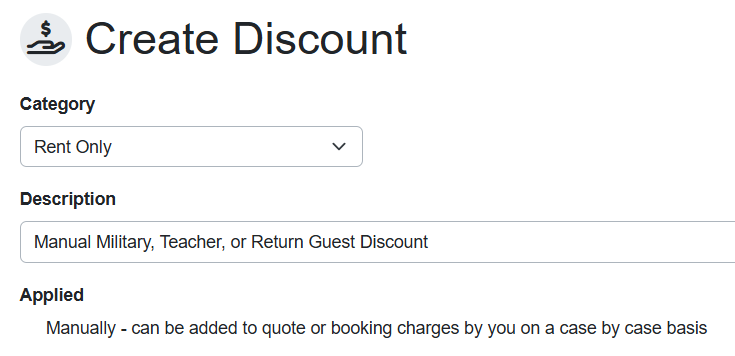 On the Create Discount page, select the Category and the discount Description.