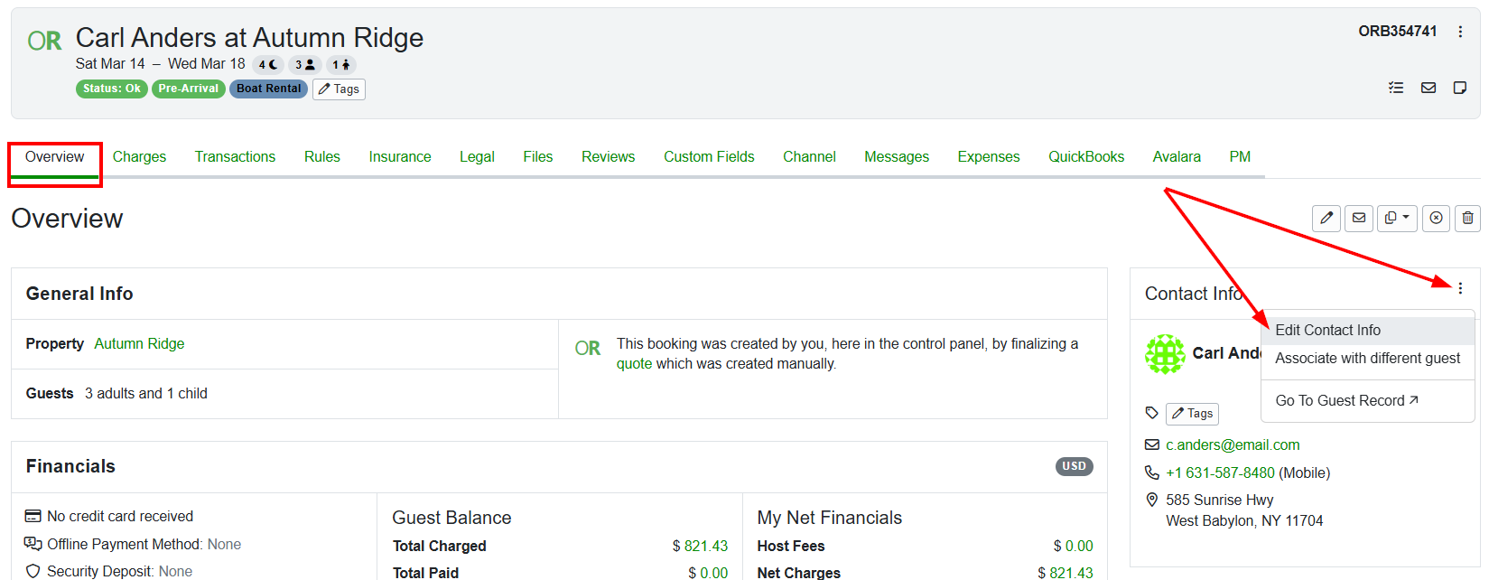 In the specific Booking Overview, in the right-side Contact Info box, click the kebab menu and select Edit Contact Info from the dropdown list.