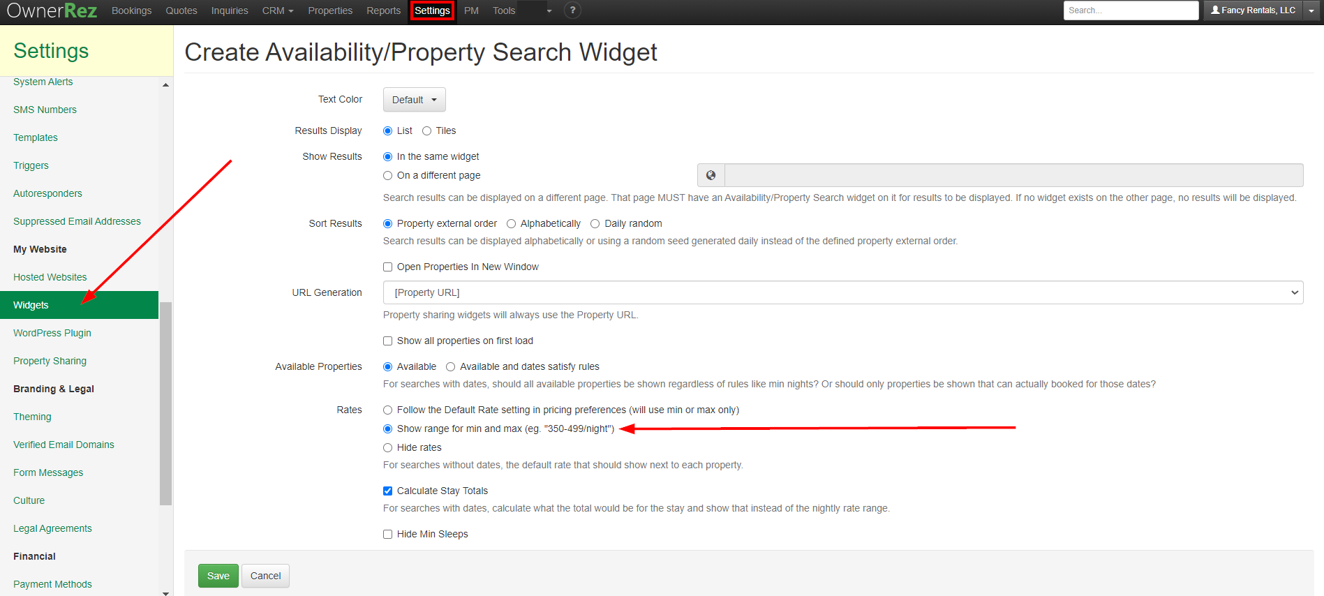 Availability/Property Search Widget Rates Settings