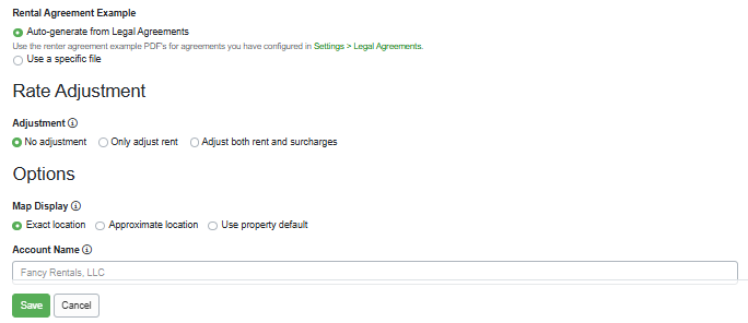 Choose from the Rental Agreement Example options (such as Auto-generate or Use a specific file), add a Rate Adjustment if desired, complete the map Options section, and then Save.