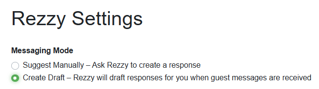 Rezzy AI Settings allow you to change the Messaging Mode (such as Suggest Manually or Create Draft).